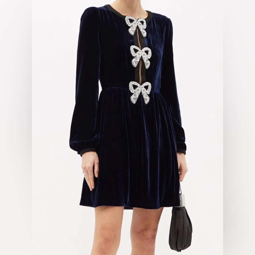 SALONI Camille Velvet Embellished Bows Mini Dress in Navy Velvet NWT
